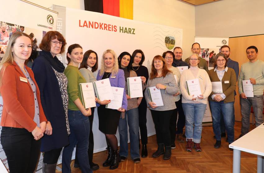 Integrationslotsen des Landkreises Harz zusammen mit Dezernentin Heike Schäffer und Mitarbeiterin Susanne Reinhardt.