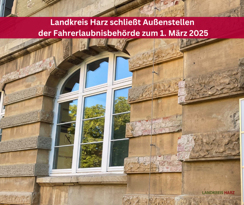 Symbolbild eines Landkreis Gebäudes mit dem Hinweis Landkreis Harz schließt Außenstellen der Fahrerlaubnisbehörde