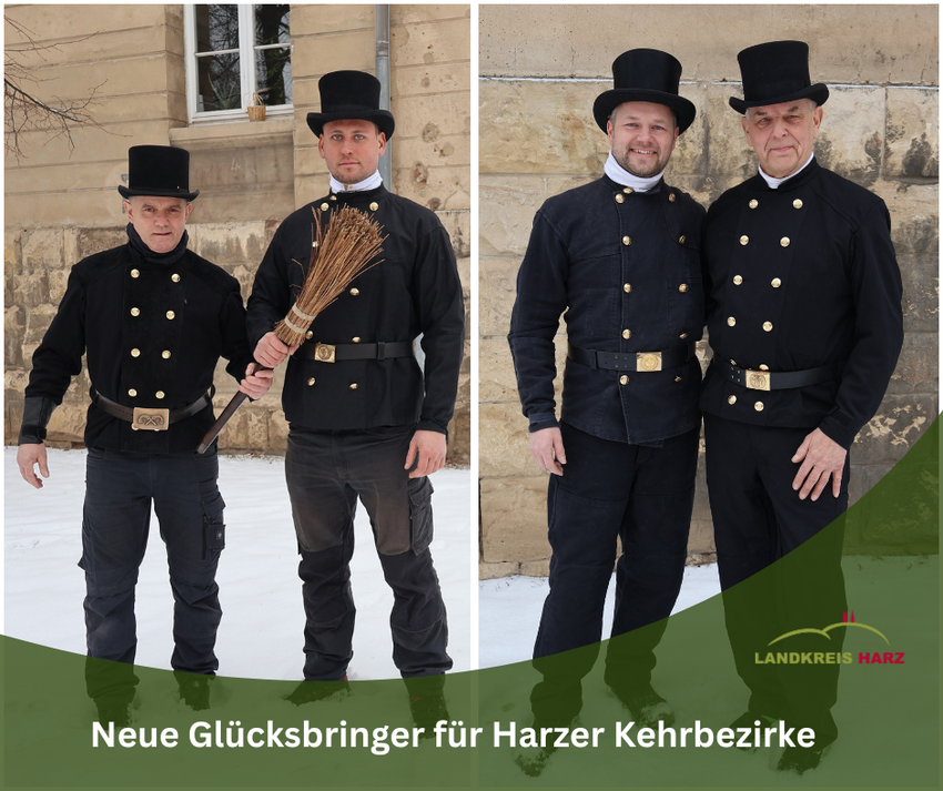 Vier Schornsteinfeger in ihrer Zunftkleidung. Im unteren Teil ein grüner Bereich mit der Aufschrift neue Glücksbringer für Harzer Kehrbezirke.