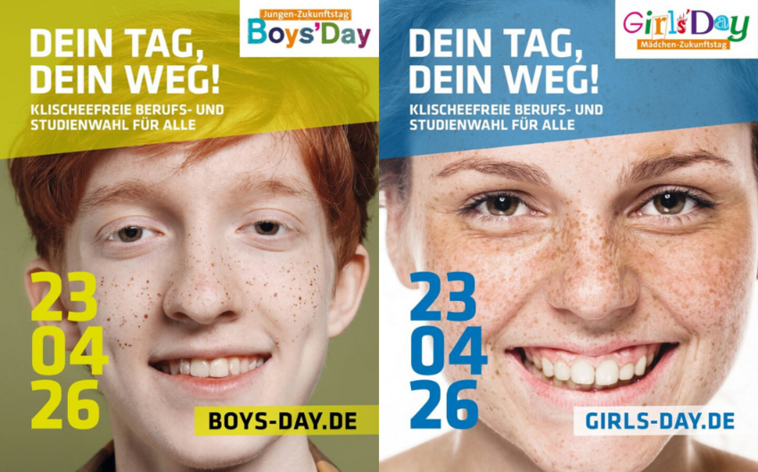 Links ein Plakat zum Boys day mit einem rothaarigen Jungen, der Sommersprossen im Gesicht hat. Rechts daneben ein Plakat zum girls day mit einem braunhaarigen Mädchen, das ebenfalls Sommersprossen im Gesicht hat. Links ein Plakat zum Boys day mit einem rothaarigen Jungen, der Sommersprossen im Gesicht hat. Rechts daneben ein Plakat zum girls day mit einem braunhaarigen Mädchen, das ebenfalls Sommersprossen im Gesicht hat.