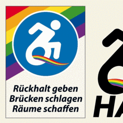Queer Handicap © Queer Handicap e.V. Auf dem Bild ist das Logo des Vereins Queer Handicap. Ein Regenbogenhintergrund und davor eine Person im Rollstuhl.