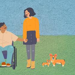 Auf dem Bild ist ein Pärchen. Der Mann sitzt im Rollstuhl und die Frau steht neben ihm. Sie haben zwei kleinen Hund dabei.