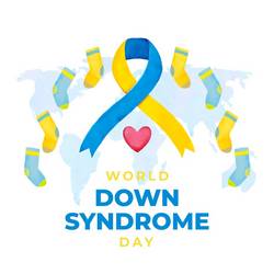 World Down Syndrome Day Ein Bild mit Socken und Bändern in den Farben blau und gelb. Blau und Gelb sind die offiziellen Farben der Down-Syndrom-Aufklärung.