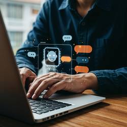 KI Chatbot Mann benutzt Laptop mit Chatbot