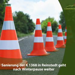 Apserrpylonen auf einer Straße. Im unteren Teil ein grüner Bereich mit der Aufschrift Sanierung der K 1368 in Reinstedt geht nach Winterpause weiter. Apserrpylonen auf einer Straße. Im unteren Teil ein grüner Bereich mit der Aufschrift Sanierung der K 1368 in Reinstedt geht nach Winterpause weiter.