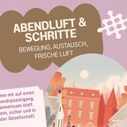 Ein rosa Plakat mit einer paar Häusern und Bäumen und dem Hinweis zu Bewegung, Austausch und frischer Luft.