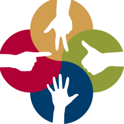 Ein Element aus vier verschiedenfarbigen Kreisen. In jeden Kreis wird jeweils von der Seite eine Hand reingestreckt. Alle Finger der Hände zeigen etwas anderes. ZUm Beispiel: Daumen nach oben.