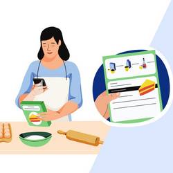 Be my eyes visuell erklärt © be my eyes Piktogramm eine sehbehinderte Frau hält eine Rezeptbeschreibung in die Kamera ihres Handys und eine zweite Frau sieht dieses Bild auf ihrem Handy und liest der sehbehinderten Frau das Rezept vor.