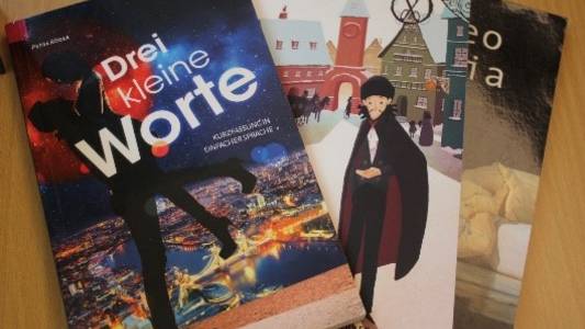 Bücher in Leichter Sprache in Stadtbibliothek HBS Bücherstapel aus drei Büchern in Leichter Sprache