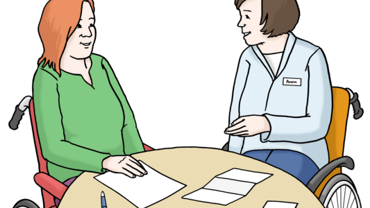 Symbolbild Beratung Piktogramm Symbolbild Beratung Piktogramm: Zwei Menschen im Rollstuhl sitzen am Tisch