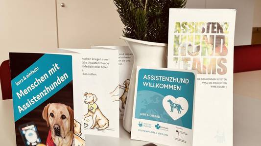 Auf dem Bild sind Flyer und Broschüren über Assistenzhunde.