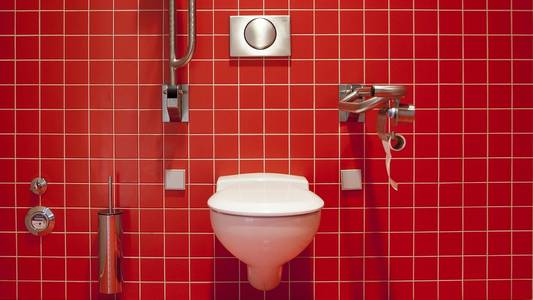 Auf dem Bild ist eine Toilette vor roter Fliesenwand.