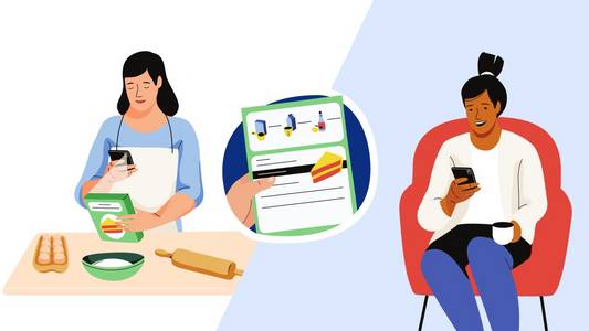 Piktogramm eine sehbehinderte Frau hält eine Rezeptbeschreibung in die Kamera ihres Handys und eine zweite Frau sieht dieses Bild auf ihrem Handy und liest der sehbehinderten Frau das Rezept vor.