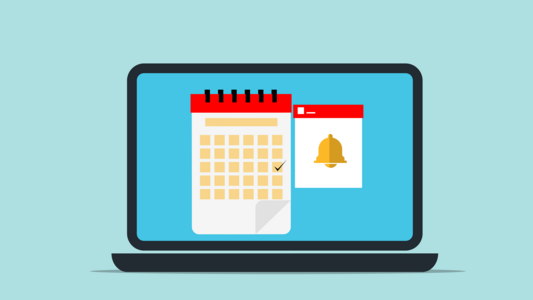 Symbolbild mit einem Laptop. Auf derm Bildschirm ist eine Glocke und ein Kalender zu sehen.