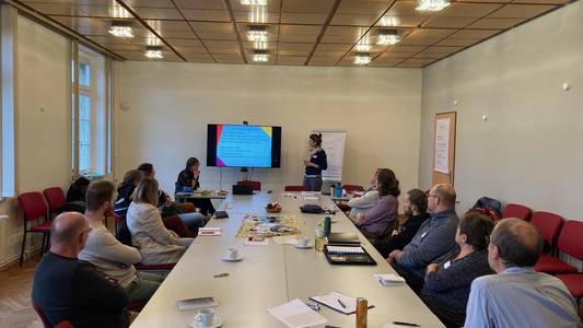 12 Personen sitzen an einem großen Tisch und schauen zu einer Präsentation, die von einer Dame gehalten wird.