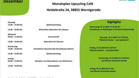 Auf  dem Bild ist der Monatsplan des Cafés für Dezember abgebildet.