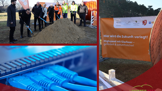 Eine Collage bestehend aus einem Bild vom Spatenstich mit einer Personengruppe, einem Banner für die Bauselle und einem Router. Im unteren Teil ist eine rote geschwungene Fläche mit der Aufschrift: Glasfaser-Ausbau geht weiter:  Ortsteile von Halberstadt und Osterwieck bekommen Highspeed-Internet. In der roten Fläche befindet sich außerdem das Landkreis Harz Logo.