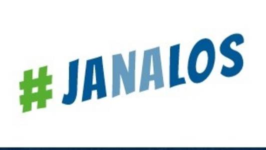 Ein grüner Hashtag und danach folgt in verschiedenen Blautönen das Wort janalos. Das Logo der Jugendberufsagentur.