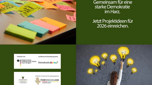 Eine Collage. Oben links viele bunte Post its auf einem Tisch, daneben ein grüner Bereich mit dem Landkreis Harz Logo und der AufschriftGemeinsam für eine starke Demokratie  im Harz.   Jetzt Projektideen für 2026 einreichen. Unten links die Logos der fördernden Institutionen. Rechts danaben eine Frau, cie von hinten zu sehen ist. Über ihr sind gemalte Glühbirnen, die für ihre Ideen stehen.