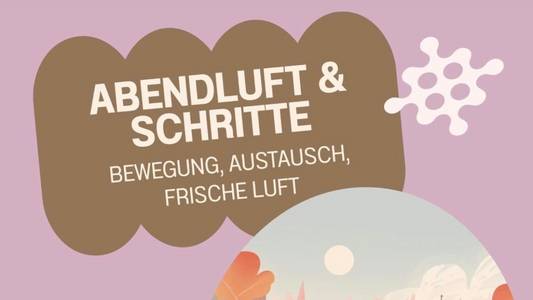 Ein rosa Plakat mit einer paar Häusern und Bäumen und dem Hinweis zu Bewegung, Austausch und frischer Luft.