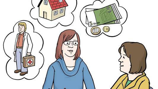 Zwei Menschen sitzen an einem Tisch. Einer ist der Berater und es sind Sprechblasen mit Symbolen abgebeildet. Symbole sind: Geldscheine, ein Haus und ein Arzt.